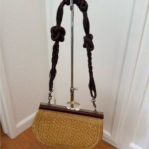 Woven Straw Shoulder Bag with Knotted Cord Strap - Brown